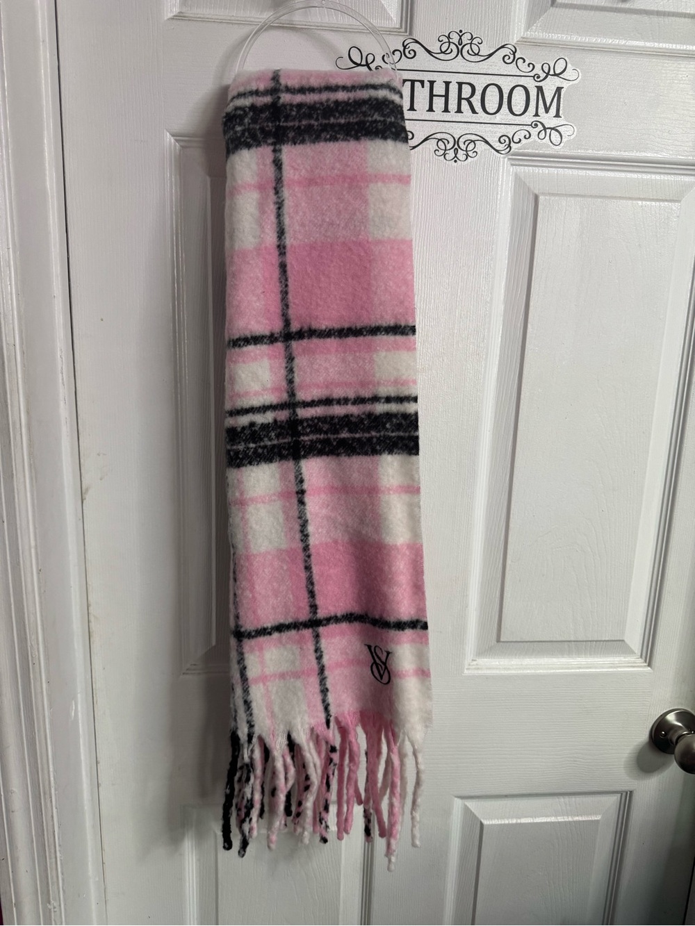 PINK Victoria's Secret Pink, White & Black Plaid Fringe Scarf